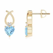 Aquamarine Heart Stud Earrings with Diamond in 14K Gold (Grade-AAA , 4MM) - £460.82 GBP