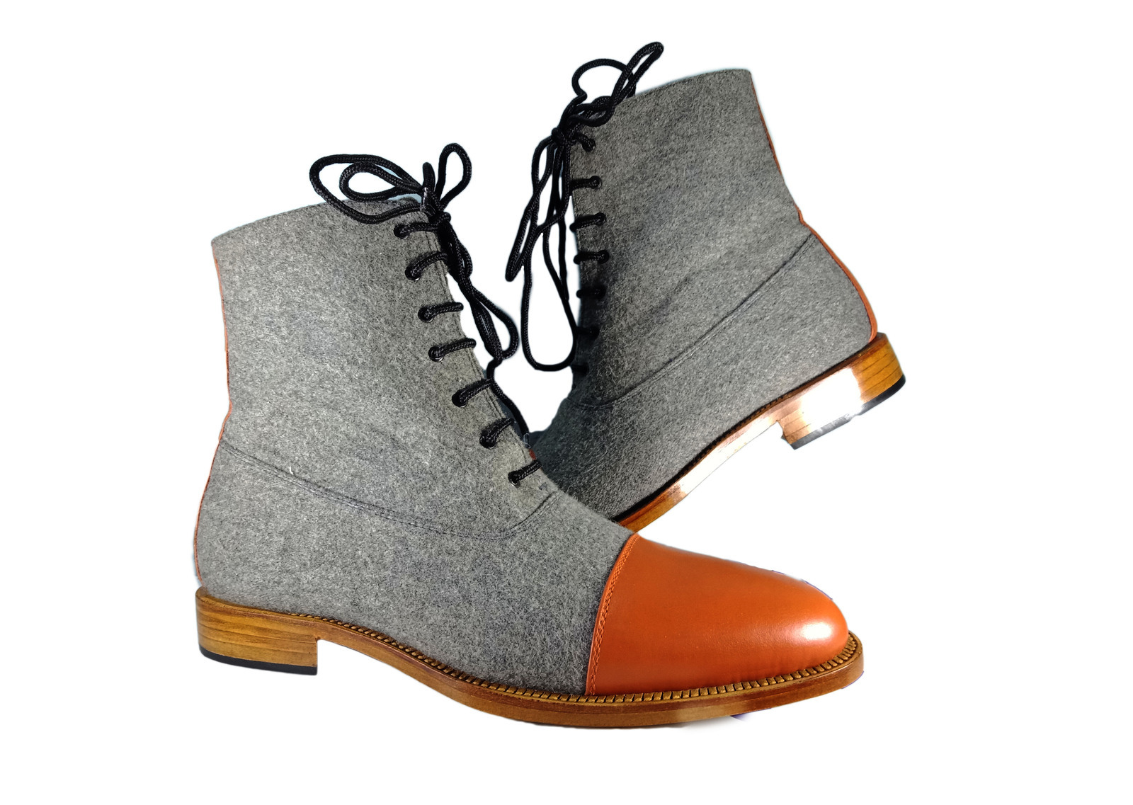 Men's Ankle Boots Two Tone Gray Suede Tan Cap Toe Premium Quality Leather Laceup