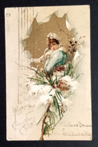 Wishing You Christmas Cheer Woman in Paper Window Snow Pinecones Postcard c1904 - £7.81 GBP