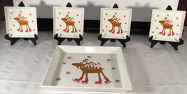 Crate &amp; Barrel Ice Skating Reindeer 12&quot; Square Platter and 4- 5 3/4” appetizers - £70.42 GBP