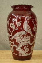 Vintage Glass Anchor Hocking Royal Ruby Red R53 Hoover Flower Vase Bird Etch - $28.70