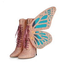 Butterfly Woman Boots Shoes Bling Bling Lace Up Blue Ankle Boots Detachable Dual - £133.62 GBP