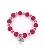 RED GLASS BEAD STRETCH BRACELET WITH CRUCIFIX AND MIRACULOUS CHARM - £31.69 GBP