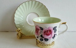 Vintage Old Foley Staffordshire Green Tea Cup and Saucer Pink Roses Exce... - $14.99
