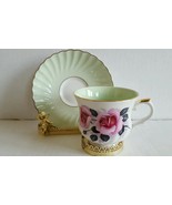 Vintage Old Foley Staffordshire Green Tea Cup and Saucer Pink Roses Exce... - $20.32 CAD