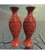 Pair of Antique Chinese Red Cinnabar Lacquer Carved Blue Enamel Vase Peo... - $153.44 CAD