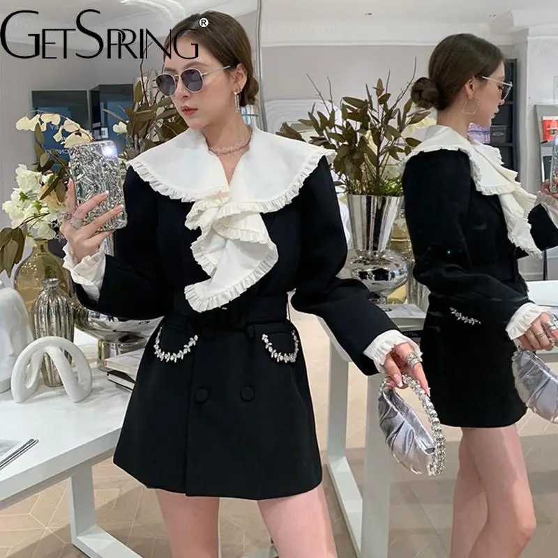 GetSpring Women Blazer Color Matching Ruffle Diamond Full Sleeve Ladies Black Su - £228.84 GBP