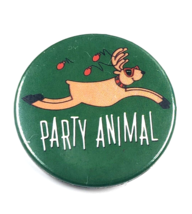 VTG Hallmark Party Animal Christmas Reindeer Holiday Button Pin Green Brown... - $8.99