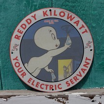 Vintage 1968 Reddy Kilowatt &#39;&#39;Your Electric Servant&#39;&#39; Porcelain Gas &amp; Oil Sign - $125.00