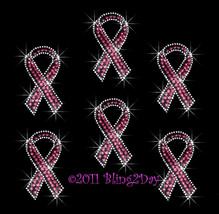 Set of 6 - Pink Breast Cancer Ribbon - Iron on Rhinestone Transfer Bling Hot Fix - $19.99