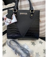 LEATHER F&amp;W Style Croc Embossed Smooth Black Handbag Shoulder Bag Purse - $84.80