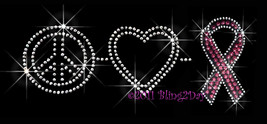 Peace Love - Pink Breast Cancer Ribbon - Iron on Rhinestone Transfer Bling Hot - £6.36 GBP