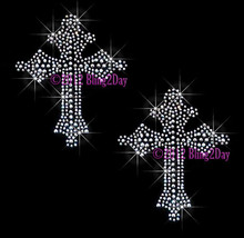 Set of 2 - (M) Clear Cross - Iron on Rhinestone Transfer Bling Hot Fix Sparkling - $6.99