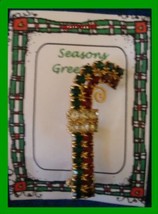 Christmas PIN #0205 Candy Cane Red, Green &amp; White Rhinestones &amp; Goldtone Brooch - £8.66 GBP