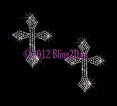Set of 2 - POINTED Clear Cross - Iron on Rhinestone Transfer Bling Hot Fix Spark - $6.99