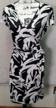 Ann Taylor Sheath Dress Womens Sz 8 Black White Geo Print Wrap V Neck Drawstring - £22.15 GBP