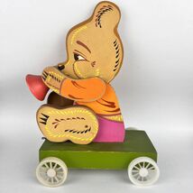 Big Vintage USSR Handmade Wooden Wood Kids Toy Bear Plays Trumpet Traile... - $48.00