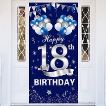 Blue Silver 18Th Birthday Door Banner Decorations, Happy 18 Birthday Door Cover  - £20.77 GBP