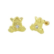 10k Yellow Gold Frog Stud Earrings Screwbacks White Cubic Zirconia - £16.72 GBP
