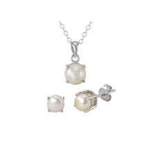 925 Sterling Silver Pearl Gemstone Pendant Necklace and Earrings Set - £29.49 GBP