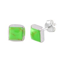 Green Gaspeite Stud Earrings 7mm Square Sterling Silver - £9.86 GBP
