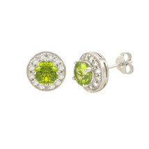 Peridot Gemstone Stud Earrings 925 Sterling Silver Round Gem CZ Accent - £28.12 GBP