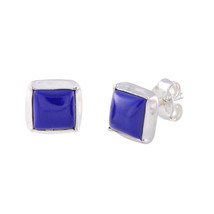 Sterling Silver Gemstone Earrings Blue Lapis 7mm Square - £9.86 GBP