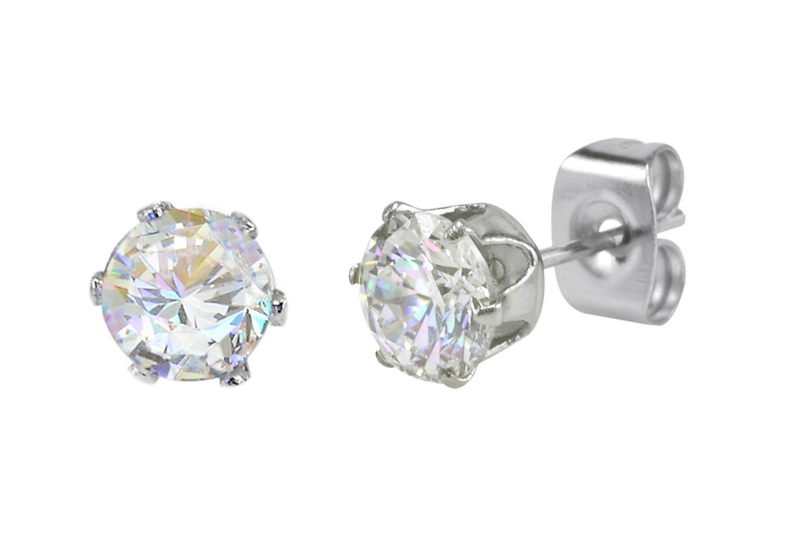 Stainless Steel Earrings White Round CZ Studs Prong Setting 2mm-10mm