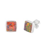 Square Opal Stud Earrings iridescent Orange 7mm Sterling Silver USA - £11.19 GBP