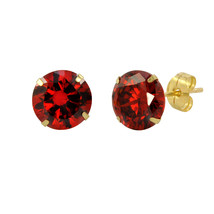 14k Yellow Gold Garnet Red Cubic Zirconia Stud Earrings Round Birthstone CZ - £8.40 GBP
