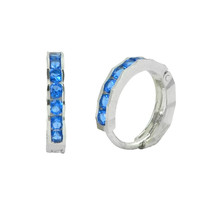 Sterling Silver Hoop Earrings 1 Row Blue Cubic Zirconia Fancy Setting 13... - $17.59