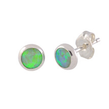 Ladies Opal Earrings Round Iridescent Green Sterling Silver Studs 6mm - £8.97 GBP