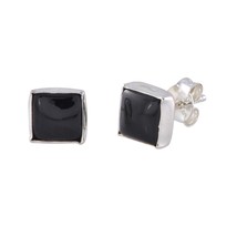 Gemstone Earrings Black Onyx 7mm Square Sterling Silver Handmade in USA - £9.80 GBP