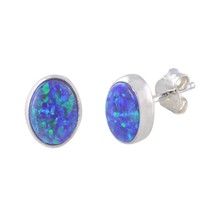 Opal Gemstone Stud Earrings Sterling Silver Navy Blue Green 7mm x 9mm Oval - £12.90 GBP