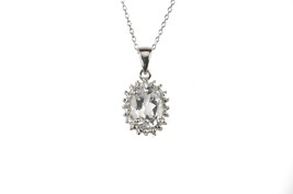 925 Sterling Silver White Topaz and Diamond Necklace 16mm Oval 18 Inch Chain - $29.99