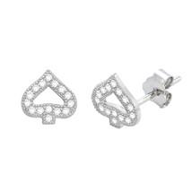 Sterling Silver Micropave Spade Stud Earrings White Cubic Zirconia 7mm - £7.87 GBP