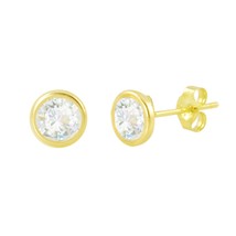 14k Yellow Gold Stud Earrings Clear Cubic Zirconia Bezel Set Round CZ - £25.34 GBP+