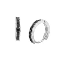 Sterling Silver Hoop Earrings 1 Row Black Cubic Zirconia Fancy Set 13mm ... - $17.59