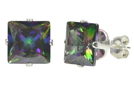 Square Mystic Topaz CZ Prong Stud Earrings .925 Sterling Silver - £3.93 GBP+