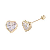 CZ Heart Stud Earrings 10k Yellow Gold Screwback 7mm - £20.73 GBP