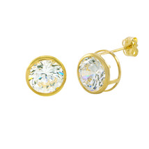 10k Yellow Gold Clear CZ Stud Earrings Round Bezel Set Top Attached Post - $21.59