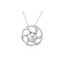 Pink Pearl Flower Necklace 6 Petal with White CZ .925 Sterling Silver, 18" Chain - $34.99