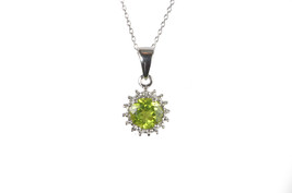 Sterling Silver Diamond and 6mm Round Peridot Gemstone Pendant Necklace - £27.75 GBP