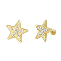 Star Stud Earrings 10k Yellow Gold Pave Cubic Zirconia with Screwbacks 1... - $24.91