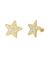 Star Stud Earrings 10k Yellow Gold Pave Cubic Zirconia with Screwbacks 1... - £19.59 GBP