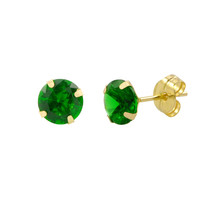 14k Yellow Gold Emerald Cubic Zirconia Stud Earrings Round Birthstone CZ - £9.54 GBP