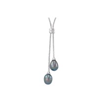 Black Freshwater Pearl Double Dangle Necklace .925 Sterling Silver, 16&quot; + 2&quot; ext - £31.31 GBP