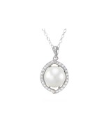 925 Sterling Silver Freshwater Pearl Necklace w/ Glitzy CZ Frame, 18&quot; Chain - £21.06 GBP