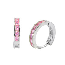 Sterling Silver Hoop Earrings 1 Row Pink Cubic Zirconia Fancy Setting 13mm x 3mm - £13.89 GBP