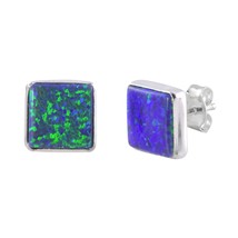 Opal Gemstone Stud Earrings Navy Blue Green Sterling Silver 9mm Square - £13.66 GBP